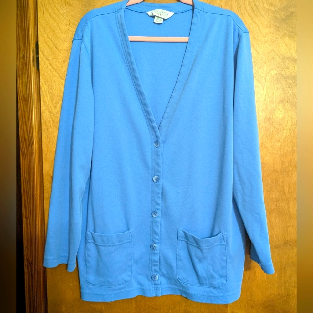 Lands End Women's Blue Cardigan Sweater 100% Cotton Button w/ pockets  XL 18/20